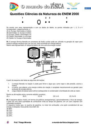 2


        Questões Ciências da Natureza do ENEM 2000



De acordo com essa representação e com os dados da tabela, os pontos indicados por 1, 2, 3 e 4
correspondem, respectivamente, a:
(A) Io, Europa, Ganimedes e Calisto.
(B) Ganimedes, Io, Europa e Calisto.
(C) Europa, Calisto, Ganimedes e Io.
(D) Calisto, Ganimedes, Io e Europa.
(E) Calisto, Io, Europa e Ganimedes.

04. A energia térmica liberada em processos de fissão nuclear pode ser utilizada na geração de vapor para
produzir energia mecânica que, por sua vez, será convertida em energia elétrica.
Abaixo está representado um esquema básico de uma usina de energia nuclear.




A partir do esquema são feitas as seguintes afirmações:

   I.    a energia liberada na reação é usada para ferver a água que, como vapor a alta pressão, aciona a
         turbina.
  II.    a turbina, que adquire uma energia cinética de rotação, é acoplada mecanicamente ao gerador para
         produção de energia elétrica.
 III.    a água depois de passar pela turbina é préaquecida no condensador e bombeada de volta ao reator.

Dentre as afirmações acima, somente está(ão) correta(s):
(A) I.                 (B) II.             (C) III.              (D) I e II.           (E) II e III.

05. O esquema abaixo mostra, em termos de potência (energia/tempo), aproximadamente, o fluxo de energia,
a partir de uma certa quantidade de combustível vinda do tanque de gasolina, em um carro viajando com
velocidade constante.
O esquema mostra que, na queima da gasolina, no motor de combustão, uma parte considerável de sua
energia é dissipada. Essa perda é da ordem de:
(A) 80%.
(B) 70%.
(C) 50%.
(D) 30%.
(E) 20%.



                        Miranda
           Prof. Thiago Miranda                                o-mundo-da-fisica.blogspot.com
                                                               o-mundo-da-
 