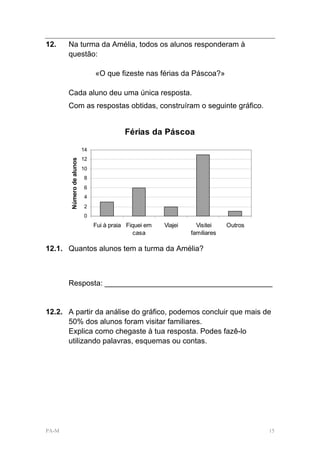 12.    Na turma da Amélia, todos os alunos responderam à
       questão:

                               «O que fizeste nas férias da Páscoa?»

       Cada aluno deu uma única resposta.
       Com as respostas obtidas, construíram o seguinte gráfico.


                                          Férias da Páscoa
                          14
                          12
       Número de alunos




                          10
                          8
                          6
                          4
                          2
                          0
                               Fui à praia Fiquei em   Viajei     Visitei    Outros
                                             casa               familiares

12.1. Quantos alunos tem a turma da Amélia?



       Resposta: ________________________________________


12.2. A partir da análise do gráfico, podemos concluir que mais de
      50% dos alunos foram visitar familiares.
      Explica como chegaste à tua resposta. Podes fazê-lo
      utilizando palavras, esquemas ou contas.




PA-M                                                                                  15
 
