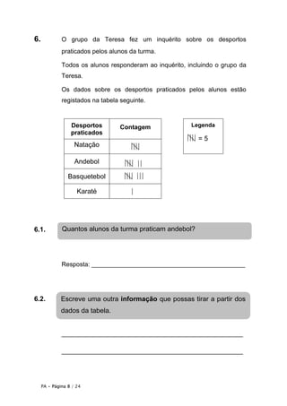 6.            O grupo da Teresa fez um inquérito sobre os desportos
              praticados pelos alunos da turma.

              Todos os alunos responderam ao inquérito, incluindo o grupo da
              Teresa.

              Os dados sobre os desportos praticados pelos alunos estão
              registados na tabela seguinte.



                  Desportos       Contagem               Legenda
                  praticados
                                                           =5
                    Natação

                    Andebol

                 Basquetebol

                     Karaté




6.1.          Quantos alunos da turma praticam andebol?




              Resposta: ____________________________________________




6.2.          Escreve uma outra informação que possas tirar a partir dos
              dados da tabela.


              ____________________________________________________

              ____________________________________________________




     PA • Página 8 / 24
 