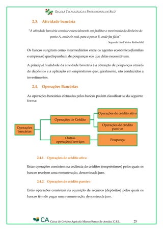 ESCOLA TECNOLÓGICA E PROFISSIONAL DE SICÓ
Caixa de Crédito Agrícola Mútuo Serras de Ansião, C.R.L. 25
Operações
bancárias
Operações de Crédito
Operações de crédito ativo
Operações de crédito
passivo
Outras
operações/serviços
Poupança
2.3. Atividade bancária
“A atividade bancária consiste essencialmente em facilitar o movimento do dinheiro do
ponto A, onde ele está, para o ponto B, onde faz falta”
Segundo Lord Victor Rothschild
Os bancos surgiram como intermediários entre os agentes económicos(famílias
e empresas) quedispunham de poupanças eos que delas necessitavam.
A principal finalidade da atividade bancária é a obtenção de poupanças através
de depósitos e a aplicação em empréstimos que, geralmente, são conduzidos a
investimentos.
2.4. Operações Bancárias
As operações bancárias efetuadas pelos bancos podem classificar-se da seguinte
forma:
2.4.1. Operações de crédito ativo
Estas operações consistem na cedência de créditos (empréstimos) pelos quais os
bancos recebem uma remuneração, denominada juro.
2.4.2. Operações de crédito passivo
Estas operações consistem na aquisição de recursos (depósitos) pelos quais os
bancos têm de pagar uma remuneração, denominada juro.
 