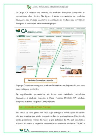 ESCOLA TECNOLÓGICA E PROFISSIONAL DE SICÓ
Caixa de Crédito Agrícola Mútuo Serras de Ansião, C.R.L. 30
O Grupo CA oferece um conjunto de produtos financeiros adequados às
necessidades dos clientes. Na figura 1 estão representados os produtos
financeiros que o Grupo CA oferece e assinalados os produtos que servirão de
base para as simulações a realizar neste projeto.
Figura 1 – Produtos financeiros
O grupo CA oferece uma gama produtos financeiros que, hoje em dia, são uma
mais-valia para os clientes.
De seguida,estão apresentados, de forma mais detalhada, osprodutos
financeiros a analisar: Depósito a Prazo Normal, Depósito CA Mulher,
Poupança Futuro e Poupança Geração Jovem.
3.1. Depósito a Prazo Normal
São contas de curto prazo sem risco, cujas entregas e mobilizações de fundos
não têm penalização e só são possíveis na data do seu vencimento. Este tipo de
contas permiteseis formas de prazos já pré definidos de 30 a 731 dias.Para a
abertura da conta e respetiva manutenção o montante mínimo é 250,00€ e
Produtos financeiros a abordar
 