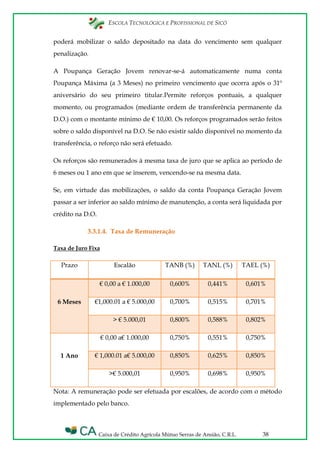 ESCOLA TECNOLÓGICA E PROFISSIONAL DE SICÓ
Caixa de Crédito Agrícola Mútuo Serras de Ansião, C.R.L. 38
poderá mobilizar o saldo depositado na data do vencimento sem qualquer
penalização.
A Poupança Geração Jovem renovar-se-á automaticamente numa conta
Poupança Máxima (a 3 Meses) no primeiro vencimento que ocorra após o 31º
aniversário do seu primeiro titular.Permite reforços pontuais, a qualquer
momento, ou programados (mediante ordem de transferência permanente da
D.O.) com o montante mínimo de € 10,00. Os reforços programados serão feitos
sobre o saldo disponível na D.O. Se não existir saldo disponível no momento da
transferência, o reforço não será efetuado.
Os reforços são remunerados à mesma taxa de juro que se aplica ao período de
6 meses ou 1 ano em que se inserem, vencendo-se na mesma data.
Se, em virtude das mobilizações, o saldo da conta Poupança Geração Jovem
passar a ser inferior ao saldo mínimo de manutenção, a conta será liquidada por
crédito na D.O.
3.3.1.4. Taxa de Remuneração
Taxa de Juro Fixa
Prazo Escalão TANB (%) TANL (%) TAEL (%)
6 Meses
€ 0,00 a € 1.000,00 0,600% 0,441% 0,601%
€1,000.01 a € 5.000,00 0,700% 0,515% 0,701%
> € 5.000,01 0,800% 0,588% 0,802%
1 Ano
€ 0,00 a€ 1.000,00 0,750% 0,551% 0,750%
€ 1,000.01 a€ 5.000,00 0,850% 0,625% 0,850%
>€ 5.000,01 0,950% 0,698% 0,950%
Nota: A remuneração pode ser efetuada por escalões, de acordo com o método
implementado pelo banco.
 