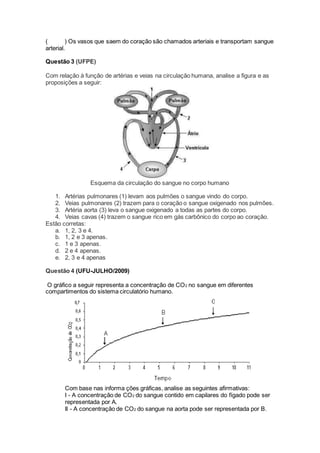 ( ) Os vasos que saem do coração são chamados arteriais e transportam sangue
arterial.
Questão 3 (UFPE)
Com relação à função de artérias e veias na circulação humana, analise a figura e as
proposições a seguir:
Esquema da circulação do sangue no corpo humano
1. Artérias pulmonares (1) levam aos pulmões o sangue vindo do corpo.
2. Veias pulmonares (2) trazem para o coração o sangue oxigenado nos pulmões.
3. Artéria aorta (3) leva o sangue oxigenado a todas as partes do corpo.
4. Veias cavas (4) trazem o sangue rico em gás carbônico do corpo ao coração.
Estão corretas:
a. 1, 2, 3 e 4.
b. 1, 2 e 3 apenas.
c. 1 e 3 apenas.
d. 2 e 4 apenas.
e. 2, 3 e 4 apenas
Questão 4 (UFU-JULHO/2009)
O gráfico a seguir representa a concentração de CO2 no sangue em diferentes
compartimentos do sistema circulatório humano.
Com base nas informa ções gráficas, analise as seguintes afirmativas:
I - A concentração de CO2 do sangue contido em capilares do fígado pode ser
representada por A.
II - A concentração de CO2 do sangue na aorta pode ser representada por B.
 
