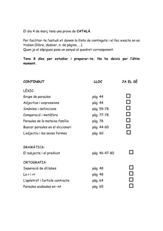 El dia 4 de març tens una prova de CATALÀ.
Per facilitar-te l’estudi et donem la llista de continguts i el lloc exacte on es
troben (llibre, dossier, n. de pàgina, ...).
Quan ja el sàpigues posa un senyal al quadret corresponent.
Tens 8 díes per estudiar i preparar-te. No ho deixis per l’últim
moment.

CONTINGUT
LÈXIC:
Grups de paraules
Adjectius i expressions
Sinònims i definicions
Comparació i metàfora
Paraules de la mateixa família
Buscar paraules en el diccionari
L’adjectiu i les seves formes

LLOC

JA EL SÉ


pàg. 44

pàg. 59-78

pàg. 77-78

pàg. 78

pàg. 44-60

pàg. 60 
pàg. 44

GRAMÀTICA:
pàg. 46-47-80



Separació de síl.labes

pàg. 48

La r i rr

pàg. 48

L’apòstrof i l’article contracte

pàg. 64

Paraules acabades en –nt

pàg. 65






El subjecte i el predicat
ORTOGRAFIA:

 