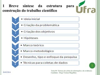 Tema 04: Técnicas de coletas de informações e de evidências.
Candidato: Diego Ventura Magalhães
7
26/02/2014
1 Breve síntese da estrutura para
construção do trabalho científico
 