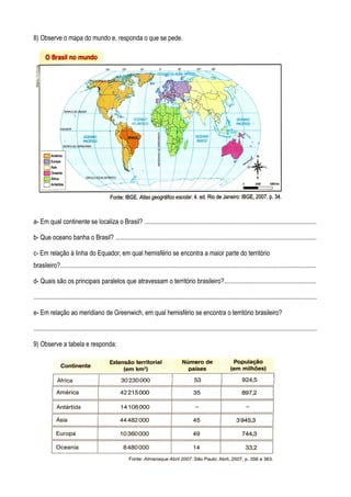 8) Observe o mapa do mundo e, responda o que se pede.




a- Em qual continente se localiza o Brasil? ...........................................................................................................

b- Que oceano banha o Brasil? .............................................................................................................................

c- Em relação à linha do Equador, em qual hemisfério se encontra a maior parte do território
brasileiro?...............................................................................................................................................................

d- Quais são os principais paralelos que atravessam o território brasileiro?.........................................................

................................................................................................................................................................................

e- Em relação ao meridiano de Greenwich, em qual hemisfério se encontra o território brasileiro?

................................................................................................................................................................................

9) Observe a tabela e responda:
 