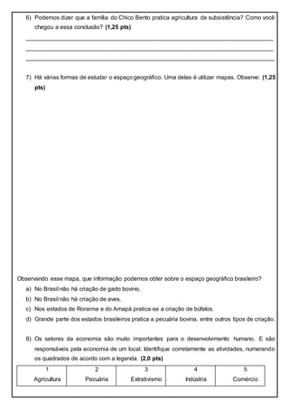 6) Podemos dizer que a família do Chico Bento pratica agricultura de subsistência? Como você
chegou a essa conclusão? (1,25 pts)
____________________________________________________________________________
____________________________________________________________________________
____________________________________________________________________________
7) Há várias formas de estudar o espaço geográfico. Uma delas é utilizar mapas. Observe: (1,25
pts)
Observando esse mapa, que informação podemos obter sobre o espaço geográfico brasileiro?
a) No Brasil não há criação de gado bovino.
b) No Brasil não há criação de aves.
c) Nos estados de Roraima e do Amapá pratica-se a criação de búfalos.
d) Grande parte dos estados brasileiros pratica a pecuária bovina, entre outros tipos de criação.
8) Os setores da economia são muito importantes para o desenvolvimento humano. E são
responsáveis pela economia de um local. Identifique corretamente as atividades, numerando
os quadrados de acordo com a legenda. (2,0 pts)
1
Agricultura
2
Pecuária
3
Extrativismo
4
Indústria
5
Comércio
 