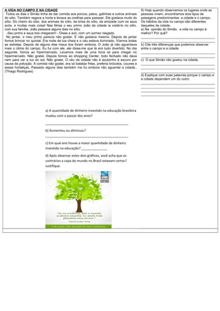 A VIDA NO CAMPO E NA CIDADE
Todos os dias o Simão tinha de dar comida aos porcos, patos, galinhas e outros animais
do sitio. Também regava a horta e levava as ovelhas para passear. Ele gostava muito do
sítio. Do cheiro do sítio, dos animais do sítio, da brisa do sítio, da amizade com os seus
avós, e muitas mais coisa! Nas férias o seu primo João da cidade ia visitá-lo no sítio,
com sua família. João passava alguns dias no sítio.
-Seu primo e seus tios chegaram! - Disse a avó, com um sorriso rasgado.
No jantar, o meu primo parecia não gostar. E não gostava mesmo. Depois de jantar
fomos brincar no quintal. Era noite de lua cheia e o céu estava iluminado. Víamos todas
as estrelas. Depois de alguns dias meus tios foram embora. O João já não aguentava
mais o clima do campo. Eu fui com ele, ele disse-me que lá era tudo divertido. No dia
seguinte, fomos ao hipermercado. Levamos mais de uma hora só para chegar no
hipermercado. Não gostei. Depois fomos ao shopping Center, todo fechado não dava
nem para ver a luz do sol. Não gostei. O céu da cidade não é azulzinho é escuro por
causa da poluição. A comida não gostei, era só batatas fritas, preferia brócolos, couves e
essas hortaliças. Passado alguns dias também me fui embora não aguentei a cidade..
(Thiago Rodrigues)
9) Hoje quando observamos os lugares onde as
pessoas vivem, encontramos dois tipos de
paisagens predominantes: a cidade e o campo.
Os hábitos da vida no campo são diferentes
daqueles da cidade.
a) Na opinião do Simão, a vida no campo é
melhor? Por quê?
________________________________________
________________________________________
b) Cite três diferenças que podemos observar
entre o campo e a cidade.
________________________________________
________________________________________
c) O que Simão não gostou na cidade.
________________________________________
________________________________________
________________________________________
d) Explique com suas palavras porque o campo e
a cidade dependem um do outro:
________________________________________
________________________________________
________________________________________
________________________________________
a) A quantidade de dinheiro investido na educação brasileira
mudou com o passar dos anos?
_____________________________________________
b) Aumentou ou diminuiu?
_____________________________________________
c) Em qual ano houve a maior quantidade de dinheiro
investido na educação? ______________
d) Após observar estes dois gráficos, você acha que os
contrários a copa do mundo no Brasil estavam certos?
Justifique.
______________
 