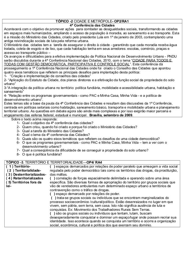 Prova de geografia urbanizaçao, metropole Prova de geografia urbanizaçao, metropole
