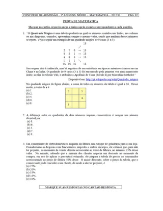 Prova de matemática Colégio Militar 2012   9ºano