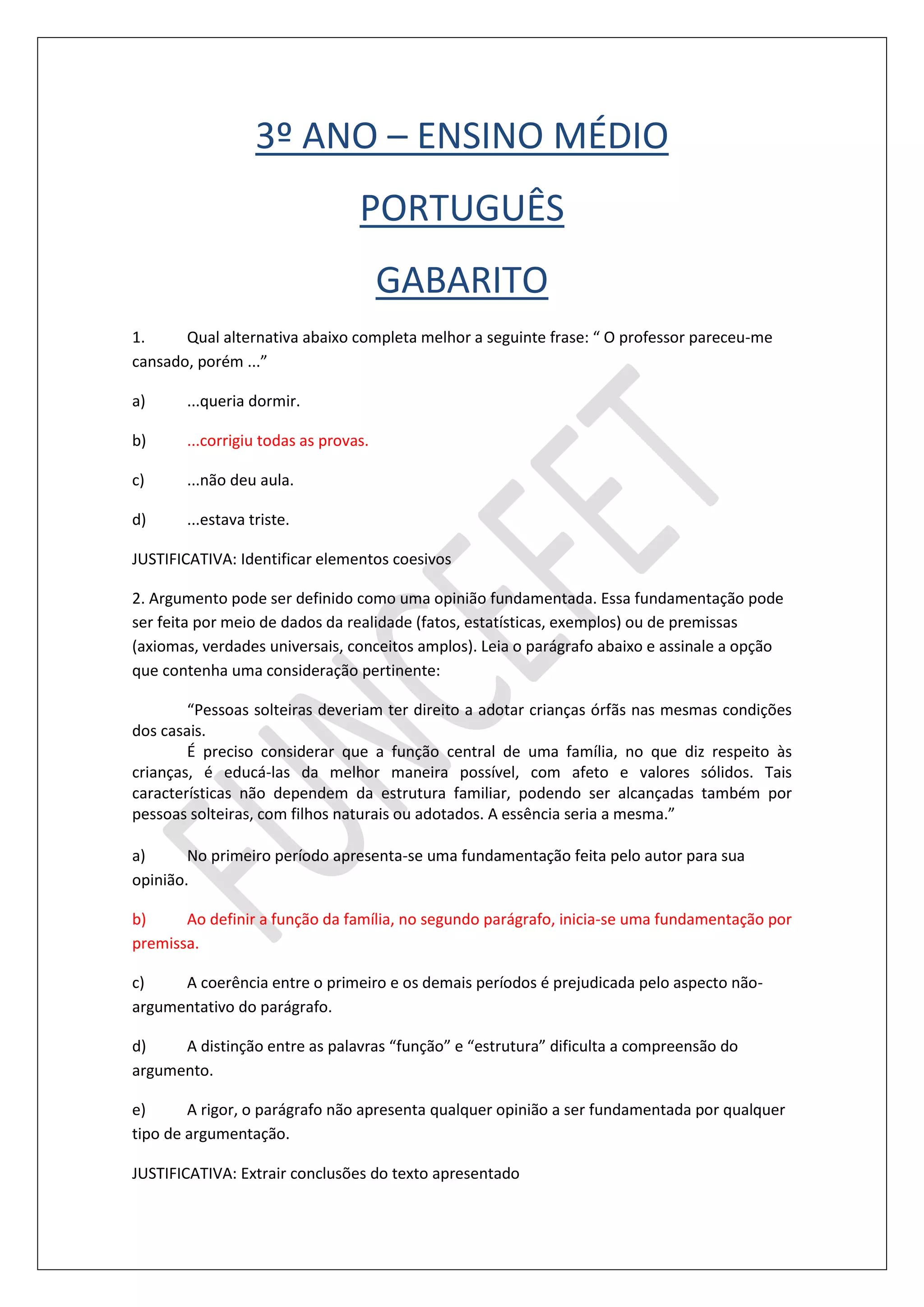 Prova de português 3º ano médio gabarito | PDF