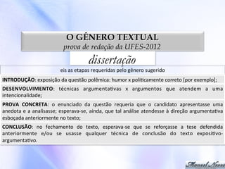 O GÊNERO TEXTUAL

prova de redação da UFES-2012

dissertação

eis	
  as	
  etapas	
  requeridas	
  pelo	
  gênero	
  sugerido	
  
INTRODUÇÃO:	
  exposição	
  da	
  questão	
  polêmica:	
  humor	
  x	
  poli0camente	
  correto	
  [por	
  exemplo];	
  
DESENVOLVIMENTO:	
   técnicas	
   argumenta0vas	
   x	
   argumentos	
   que	
   atendem	
   a	
   uma	
  
intencionalidade;	
  
PROVA	
   CONCRETA:	
   o	
   enunciado	
   da	
   questão	
   requeria	
   que	
   o	
   candidato	
   apresentasse	
   uma	
  
anedota	
  e	
  a	
  analisasse;	
  esperava-­‐se,	
  ainda,	
  que	
  tal	
  análise	
  atendesse	
  à	
  direção	
  argumenta0va	
  
esboçada	
  anteriormente	
  no	
  texto;	
  
CONCLUSÃO:	
   no	
   fechamento	
   do	
   texto,	
   esperava-­‐se	
   que	
   se	
   reforçasse	
   a	
   tese	
   defendida	
  
anteriormente	
   e/ou	
   se	
   usasse	
   qualquer	
   técnica	
   de	
   conclusão	
   do	
   texto	
   exposi0vo-­‐
argumenta0vo.	
  

 