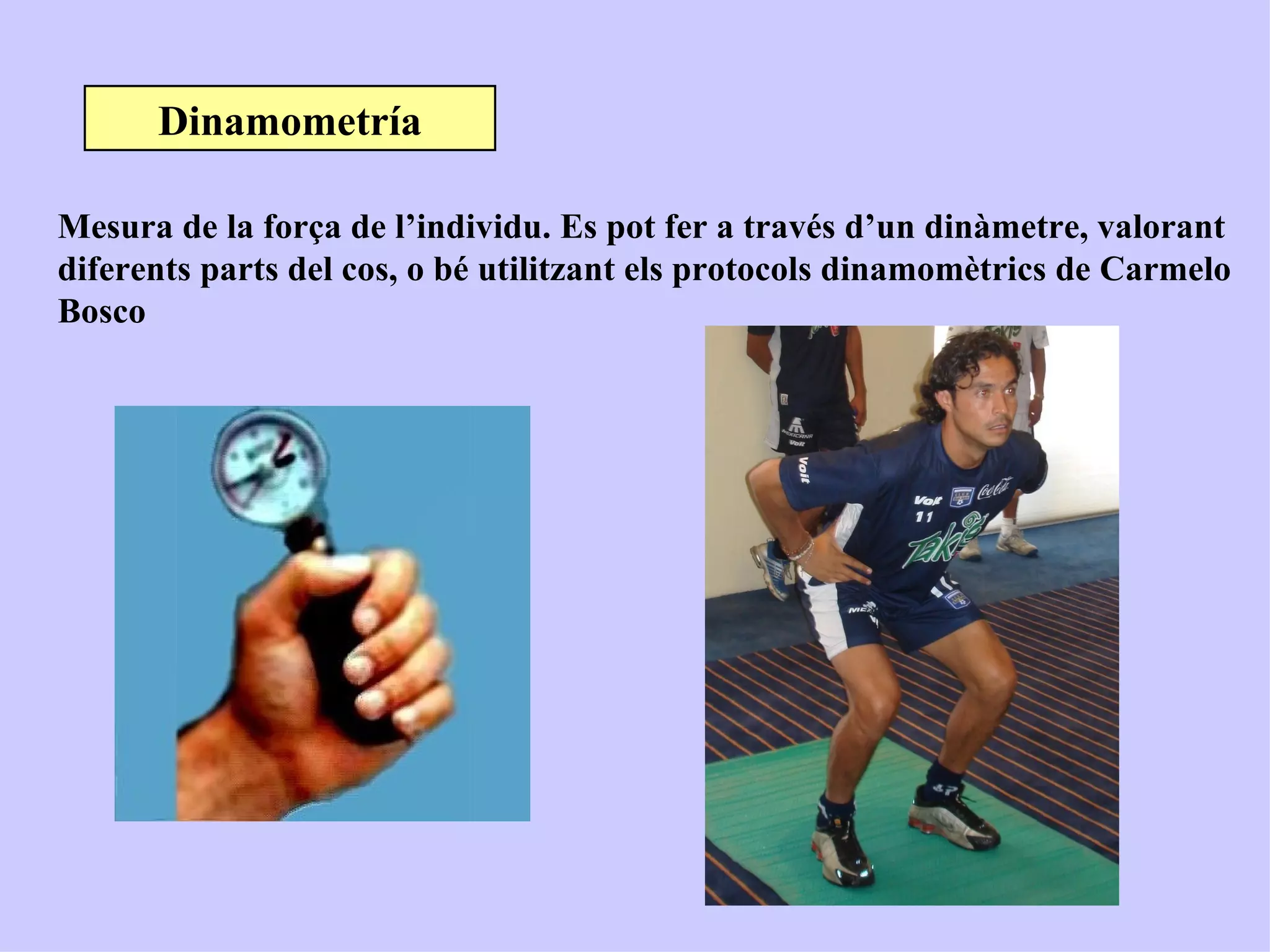 Dinamometría

Mesura de la força de l’individu. Es pot fer a través d’un dinàmetre, valorant
diferents parts del cos, o bé utilitzant els protocols dinamomètrics de Carmelo
Bosco
 