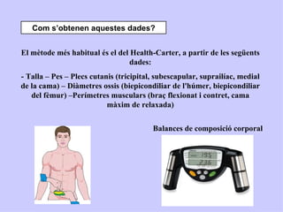 Com s’obtenen aquestes dades?


El mètode més habitual és el del Health-Carter, a partir de les següents
                                 dades:
- Talla – Pes – Plecs cutanis (tricipital, subescapular, suprailíac, medial
de la cama) – Diàmetres ossis (biepicondiliar de l'húmer, biepicondiliar
   del fèmur) –Perímetres musculars (braç flexionat i contret, cama
                           màxim de relaxada)


                                         Balances de composició corporal
 