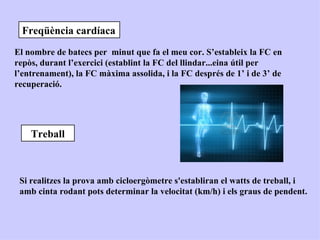 Freqüència cardíaca
El nombre de batecs per minut que fa el meu cor. S’estableix la FC en
repòs, durant l’exercici (establint la FC del llindar...eina útil per
l’entrenament), la FC màxima assolida, i la FC després de 1’ i de 3’ de
recuperació.




    Treball



 Si realitzes la prova amb cicloergòmetre s'establiran el watts de treball, i
 amb cinta rodant pots determinar la velocitat (km/h) i els graus de pendent.
 