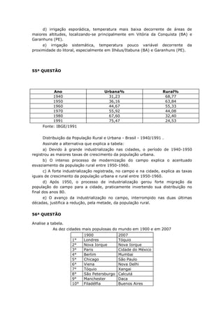 d) irrigação esporádica, temperatura mais baixa decorrente de áreas de
maiores altitudes, localizando-se principalmente em Vitória da Conquista (BA) e
Garanhuns (PE).
e) irrigação sistemática, temperatura pouco variável decorrente da
proximidade do litoral, especialmente em Ilhéus/Itabuna (BA) e Garanhuns (PE).
55ª QUESTÃO
Ano Urbana% Rural%
1940 31,23 68,77
1950 36,16 63,84
1960 44,67 55,33
1970 55,92 44,08
1980 67,60 32,40
1991 75,47 24,53
Fonte: IBGE/1991
Distribuição da População Rural e Urbana - Brasil - 1940/1991 .
Assinale a alternativa que explica a tabela:
a) Devido à grande industrialização nas cidades, o período de 1940-1950
registrou as maiores taxas de crescimento da população urbana.
b) O intenso processo de modernização do campo explica o acentuado
esvaziamento da população rural entre 1950-1960.
c) A forte industrialização registrada, no campo e na cidade, explica as taxas
iguais de crescimento da população urbana e rural entre 1950-1960.
d) Após 1950, o processo de industrialização gerou forte migração da
população do campo para a cidade, praticamente invertendo sua distribuição no
final dos anos 80.
e) O avanço da industrialização no campo, interrompido nas duas últimas
décadas, justifica a redução, pela metade, da população rural.
56ª QUESTÃO
Analise a tabela.
As dez cidades mais populosas do mundo em 1900 e em 2007
1900 2007
1° Londres Tóquio
2° Nova Iorque Nova Iorque
3° Paris Cidade do México
4° Berlim Mumbai
5° Chicago São Paulo
6° Viena Nova Delhi
7° Tóquio Xangai
8° São Petersburgo Calcutá
9° Manchester Daca
10° Filadélfia Buenos Aires
 
