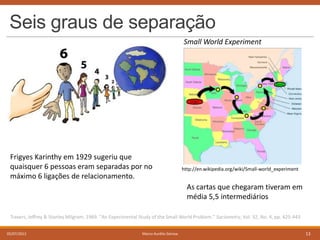 Seis graus de separação
Small World Experiment

Frigyes Karinthy em 1929 sugeriu que
quaisquer 6 pessoas eram separadas por no
máximo 6 ligações de relacionamento.

http://en.wikipedia.org/wiki/Small-world_experiment

As cartas que chegaram tiveram em
média 5,5 intermediários
Travers, Jeffrey & Stanley Milgram. 1969. "An Experimental Study of the Small World Problem." Sociometry, Vol. 32, No. 4, pp. 425-443
05/07/2013

Marco Aurélio Gerosa

13

 