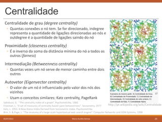 Centralidade
Centralidade de grau (degree centrality)
◦ Quantas conexões o nó tem. Se for direcionado, indegree
representa a quantidade de ligações direcionadas ao nós e
outdegree é a quantidade de ligações saindo do nó

Proximidade (closeness centrality)
◦ É o inverso da soma da distância mínima do nó a todos os
outros (farness)

Intermediação (Betweenness centrality)
◦ Quantas vezes um nó serve de menor caminho entre dois
outros

Autovetor (Eigenvector centrality)
◦ O valor de um nó é influenciado pelo valor dos nós dos
vizinhos
◦ Usam o conceitos similares: Katz centrality, PageRank
Sabidussi, G. “The centrality index of a graph”. Psychometrika, 1966.
http://pt.wikipedia.org/wiki/Centralidade
Freeman, L. "A set of measures of centrality based upon betweenness". Sociometry, 1977
Katz, L. 1953. A New Status Index Derived from Sociometric Index. Psychometrika
Brin, S. & Page, L. “The anatomy of a large-scale hypertextual web search engine”. Computer Networks and ISDN Systems, 1998
05/07/2013

Marco Aurélio Gerosa

23

 