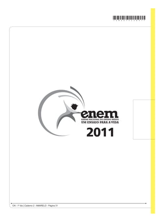 *AMAR75sab28*

QUESTÃO 85                                                    QUESTÃO 86

    Uma das modalidades presentes nas olimpíadas é o              Um dos processos usados no tratamento do lixo é a
                                                              incineração, que apresenta vantagens e desvantagens.
salto com vara. As etapas de um dos saltos de um atleta       Em São Paulo, por exemplo, o lixo é queimado a altas
HVWmR UHSUHVHQWDGDV QD ¿JXUD                                 temperaturas e parte da energia liberada é transformada
                                                              em energia elétrica. No entanto, a incineração provoca a
                                                              emissão de poluentes na atmosfera.
                                                              Uma forma de minimizar a desvantagem da incineração,
                                                              destacada no texto, é
                                                              A aumentar o volume do lixo incinerado para aumentar
                                                                 a produção de energia elétrica.
                                                              B IRPHQWDU R XVR GH ¿OWURV QDV FKDPLQpV GRV
                                                                 incineradores para diminuir a poluição do ar.
                                                              C aumentar o volume do lixo para baratear os custos
                                                                 operacionais relacionados ao processo.
                                                              D fomentar a coleta seletiva de lixo nas cidades para
                                                                 aumentar o volume de lixo incinerado.
                                                              E diminuir a temperatura de incineração do lixo para
                                                                 produzir maior quantidade de energia elétrica.
                                                              QUESTÃO 87
                                                                                  Os Bichinhos e O Homem
                                                                                             Arca de Noé
                                                                              Toquinho  Vinicius de Moraes
                                                                                   Nossa irmã, a mosca
                                                                                             É feia e tosca
Desprezando-se as forças dissipativas (resistência do ar
                                                                                    Enquanto que o mosquito
e atrito), para que o salto atinja a maior altura possível,                                  É mais bonito
ou seja, o máximo de energia seja conservada, é                                        Nosso irmão besouro
necessário que                                                                          Que é feito de couro
                                                                                             Mal sabe voar
A a energia cinética, representada na etapa I, seja
                                                                                       Nossa irmã, a barata
    totalmente convertida em energia potencial elástica
                                                                                        Bichinha mais chata
    representada na etapa IV.                                                          É prima da borboleta
B a energia cinética, representada na etapa II,                                           Que é uma careta
    seja totalmente convertida em energia potencial                                     Nosso irmão, o grilo
    gravitacional, representada na etapa IV.                                          Que vive dando estrilo
C a energia cinética, representada na etapa I,                                              Só pra chatear
    seja totalmente convertida em energia potencial            MORAES, V. A arca de Noé: poemas infantis. São Paulo: Companhia das Letrinhas, 1991.

    gravitacional, representada na etapa III.                 O poema acima sugere a existência de relações de
                                                              D¿QLGDGH HQWH RV DQLPDLV FLWDGRV H QyV VHUHV KXPDQRV
D a energia potencial gravitacional, representada
                                                              Respeitando a liberdade poética dos autores, a unidade
    na etapa II, seja totalmente convertida em energia        WD[RQ{PLFD TXH H[SUHVVD D D¿QLGDGH H[LVWHQWH HQWUH
                                                              nós e estes animais é
    potencial elástica, representada na etapa IV.
                                                              A R ¿OR
E a energia potencial gravitacional, representada             B o reino.
    na etapa I, seja totalmente convertida em energia         C a classe.
                                                              D a família.
    potencial elástica, representada na etapa III.            E a espécie.

                                                                                      CN - 1º dia | Caderno 2 - AMARELO - Página 28
 