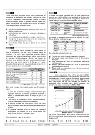 Questão     42                                                                         Questão    44

Existe uma regra religiosa, aceita pelos praticantes do                                O índice de massa corpórea (IMC) é uma medida que
judaísmo e do islamismo, que proíbe o consumo de carne                                 permite aos médicos fazer uma avaliação preliminar das
de porco. Estabelecida na Antiguidade, quando os judeus                                condições físicas e do risco de uma pessoa desenvolver
                                                                                       certas doenças, conforme mostra a tabela abaixo.
viviam em regiões áridas, foi adotada, séculos depois, por
árabes islamizados, que também eram povos do deserto.                                             IMC                      classificação                 risco de doença
Essa regra pode ser entendida como                                                         menos de 18,5                  magreza                       elevado
                                                                                           entre 18,5 e 24,9              normalidade                   baixo
A   uma demonstração de que o islamismo é um ramo do                                       entre 25 e 29,9                sobrepeso                     elevado
                                                                                           entre 30 e 39,9                obesidade                     muito elevado
    judaísmo tradicional.
                                                                                                                          obesidade
B   um indício de que a carne de porco era rejeitada em                                    40 ou mais                                                   muitíssimo elevado
                                                                                                                          grave
    toda a Ásia.                                                                                                                                  Internet: <www.somatematica.com.br>.
C   uma certeza de que do judaísmo surgiu o islamismo.                                 Considere as seguintes informações a respeito de João,
D   uma prova de que a carne do porco era largamente                                   Maria, Cristina, Antônio e Sérgio.
    consumida fora das regiões áridas.
                                                                                                 nome               peso (kg)               altura (m)                 IMC
E   uma crença antiga de que o porco é um animal                                                 João                 113,4                     1,80                    35
    impuro.                                                                                      Maria                 45                       1,50                    20
                                                                                                 Cristina              48,6                     1,80                    15
Questão     43
                                                                                                 Antônio               63                       1,50                    28
         Defende-se que a inclusão da carne bovina na                                            Sérgio               115,2                     1,60                    45
dieta é importante, por ser uma excelente fonte de                                     Os dados das tabelas indicam que
proteínas. Por outro lado, pesquisas apontam efeitos
prejudiciais que a carne bovina traz à saúde, como o risco                             A     Cristina está dentro dos padrões de normalidade.
de doenças cardiovasculares. Devido aos teores de                                      B     Maria está magra, mas não corre risco de desenvolver
colesterol e de gordura, há quem decida substituí-la por                                     doenças.
outros tipos de carne, como a de frango e a suína.                                     C     João está obeso e o risco de desenvolver doenças é
                                                                                             muito elevado.
O quadro abaixo apresenta a quantidade de colesterol em                                D     Antônio está com sobrepeso e o risco de desenvolver
diversos tipos de carne crua e cozida.                                                       doenças é muito elevado.
                                                                                       E     Sérgio está com sobrepeso, mas não corre risco de
                                               colesterol (mg/100 g)
                  alimento                                                                   desenvolver doenças.
                                                  cru       cozido
carne de frango (branca) sem pele                    58                 75             Questão    45
carne de frango (escura) sem pele                    80                124
                                                                                                Uma pesquisa da ONU estima que, já em 2008,
pele de frango                                      104                139
                                                                                       pela primeira vez na história das civilizações, a maioria das
carne suína (bisteca)                                49                 97
                                                                                       pessoas viverá na zona urbana. O gráfico a seguir mostra
carne suína (toucinho)                               54                 56             o crescimento da população urbana desde 1950, quando
carne bovina (contrafilé)                            51                 66             essa população era de 700 milhões de pessoas, e
carne bovina (músculo)                               52                 67             apresenta uma previsão para 2030, baseada em
                              Revista PRO TESTE, n.º 54, dez./2006 (com adaptações).   crescimento linear no período de 2008 a 2030.
Com base nessas informações, avalie as afirmativas a
seguir.
                                                                                                    em bilhões de pessoas                                   previsão
                                                                                                                                                                        5,0
  I O risco de ocorrerem doenças cardiovasculares por                                             5,0

    ingestões habituais da mesma quantidade de carne é
    menor se esta for carne branca de frango do que se for                                        4,0
                                                                                                                                                      3,5

    toucinho.                                                                                     3,0
                                                                                                                                            2,9
 II Uma porção de contrafilé cru possui, aproximadamente,                                                                           2,3
    50% de sua massa constituída de colesterol.                                                   2,0                       1,7
III A retirada da pele de uma porção cozida de carne                                                                1,3
                                                                                                            1,0
    escura de frango altera a quantidade de colesterol a ser                                      1,0 0,7

    ingerida.                                                                                      0
IV A pequena diferença entre os teores de colesterol                                                    1950 1960    1970    1980    1990    2000      2010     2020 2030
    encontrados no toucinho cru e no cozido indica que
                                                                                                                     Almanaque Abril, 2008, p. 128 (com adaptações)
    esse tipo de alimento é pobre em água.
                                                                                       De acordo com o gráfico, a população urbana mundial em
                                                                                       2020 corresponderá, aproximadamente, a quantos bilhões
É correto apenas o que se afirma em
                                                                                       de pessoas?

A I e II.        B I e III.    C II e III.       D II e IV.         E III e IV.        A 4,00.            B 4,10.             C 4,15.                 D 4,25.             E 4,50.

ENEM 2008                                                          PROVA 1 — AMARELA — PÁGINA 13                                                                       ENEM 2008
 