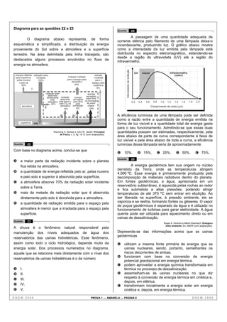 Diagrama para as questões 22 e 23
                                                                                        Questão                         24

                                                                                                 A passagem de uma quantidade adequada de
         O diagrama abaixo representa, de forma
                                                                                        corrente elétrica pelo filamento de uma lâmpada deixa-o
esquemática e simplificada, a distribuição da energia                                   incandescente, produzindo luz. O gráfico abaixo mostra
proveniente do Sol sobre a atmosfera e a superfície                                     como a intensidade da luz emitida pela lâmpada está
terrestre. Na área delimitada pela linha tracejada, são                                 distribuída no espectro eletromagnético, estendendo-se
                                                                                        desde a região do ultravioleta (UV) até a região do
destacados alguns processos envolvidos no fluxo de
                                                                                        infravermelho.
energia na atmosfera.




                                                                                              Intensidade da radiação
                                                                                                                          UV     visível                   infravermelho
 energia refletida radiação solar                                           energia                                                                            (calor)
 pela superfície,     incidente                   energia irradiada        irradiada
  pelas nuvens          100%                     para o espaço pela          para o
    e pelo ar                                        atmosfera           espaço pela
       30%                                              64%               superfície
                                                                              6%
                   I
                              radiação solar                        energia
                                 absorvida                        carregada
                                diretamente radiação      energia para cima
                                    pela      absorvida carregada
                                 atmosfera pela água e para cima na formação                                            0,2    0,4   0,6     0,8   1,0   1,2   1,4    1,6    1,8    2,0
                                     20%     pelo Co2 na   pela    de vapor
       atmosfera                              atmosfera convecção   d’água                                                                 Comprimento de onda ( m)
                             II                  14%        6%        24%


                                          III         IV           V                    A eficiência luminosa de uma lâmpada pode ser definida
                                                                                        como a razão entre a quantidade de energia emitida na
      superfície
                                                                                        forma de luz visível e a quantidade total de energia gasta
                                                                                        para o seu funcionamento. Admitindo-se que essas duas
                                    Raymong A. Serway e John W. Jewett. Princípios      quantidades possam ser estimadas, respectivamente, pela
                                        de Física, v. 2, fig. 18.12 (com adaptações).
                                                                                        área abaixo da parte da curva correspondente à faixa de
                                                                                        luz visível e pela área abaixo de toda a curva, a eficiência
Questão     22                                                                          luminosa dessa lâmpada seria de aproximadamente
Com base no diagrama acima, conclui-se que
                                                                                        A   10%.                              B 15%.           C 25%.           D 50%.             E 75%.
                                                                                        Questão                         25
A    a maior parte da radiação incidente sobre o planeta
     fica retida na atmosfera.                                                                   A energia geotérmica tem sua origem no núcleo
                                                                                        derretido da Terra, onde as temperaturas atingem
B    a quantidade de energia refletida pelo ar, pelas nuvens
                                                                                        4.000 ºC. Essa energia é primeiramente produzida pela
     e pelo solo é superior à absorvida pela superfície.                                decomposição de materiais radiativos dentro do planeta.
C    a atmosfera absorve 70% da radiação solar incidente                                Em fontes geotérmicas, a água, aprisionada em um
                                                                                        reservatório subterrâneo, é aquecida pelas rochas ao redor
     sobre a Terra.
                                                                                        e fica submetida a altas pressões, podendo atingir
D    mais da metade da radiação solar que é absorvida                                   temperaturas de até 370 ºC sem entrar em ebulição. Ao
     diretamente pelo solo é devolvida para a atmosfera.                                ser liberada na superfície, à pressão ambiente, ela se
E    a quantidade de radiação emitida para o espaço pela                                vaporiza e se resfria, formando fontes ou gêiseres. O vapor
                                                                                        de poços geotérmicos é separado da água e é utilizado no
     atmosfera é menor que a irradiada para o espaço pela                               funcionamento de turbinas para gerar eletricidade. A água
     superfície.                                                                        quente pode ser utilizada para aquecimento direto ou em
                                                                                        usinas de dessalinização.
Questão     23
                                                                                                                                                     Roger A. Hinrichs e Merlin Kleinbach. Energia e
                                                                                                                                                      meio ambiente. Ed. ABDR (com adaptações).
A chuva é o fenômeno natural responsável pela
manutenção dos níveis adequados de água dos                                             Depreende-se das informações acima que as usinas
                                                                                        geotérmicas
reservatórios das usinas hidrelétricas. Esse fenômeno,
assim como todo o ciclo hidrológico, depende muito da                                   A   utilizam a mesma fonte primária de energia que as
energia solar. Dos processos numerados no diagrama,                                         usinas nucleares, sendo, portanto, semelhantes os
aquele que se relaciona mais diretamente com o nível dos                                    riscos decorrentes de ambas.
                                                                                        B   funcionam com base na conversão de energia
reservatórios de usinas hidrelétricas é o de número
                                                                                            potencial gravitacional em energia térmica.
                                                                                        C   podem aproveitar a energia química transformada em
A    I.                                                                                     térmica no processo de dessalinização.
B    II.                                                                                D   assemelham-se às usinas nucleares no que diz
                                                                                            respeito à conversão de energia térmica em cinética e,
C    III.
                                                                                            depois, em elétrica.
D    IV.                                                                                E   transformam inicialmente a energia solar em energia
E    V.                                                                                     cinética e, depois, em energia térmica.

ENEM 2008                                                              PROVA 1 — AMARELA — PÁGINA 8                                                                             ENEM 2008
 