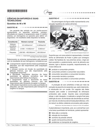 *bran75sab13*

QUESTÃO 41                                                                                 QUESTÃO 42
                                                                                               Em meio às turbulências vividas na primeira
                                                                                           metade dos anos 1960, tinha-se a impressão de que
                                                                                           as tendências de esquerda estavam se fortalecendo
                                                                                           na área cultural. O Centro Popular de Cultura (CPC)
                                                                                           da União Nacional dos Estudantes (UNE) encenava
                                                                                           peças de teatro que faziam agitação e propaganda em
                                                                                           favor da luta pelas reformas de base e satirizavam o
                                                                                           “imperialismo” e seus “aliados internos”.
                                                                                           KONDER, L. História das Ideias Socialistas no Brasil. São Paulo: Expressão Popular, 2003.

                                                                                           No início da década de 1960, enquanto vários setores
                                                                                           da esquerda brasileira consideravam que o CPC da
                                                                                           UNE era uma importante forma de conscientização
                                                                                           das classes trabalhadoras, os setores conservadores
                                                                                           e de direita (políticos vinculados à União Democrática
                                                                                           Nacional - UDN -, Igreja Católica, grandes empresários
                                                                                           etc.) entendiam que esta organização
     Charge capa da revista “O Malho”, de 1904. Disponível em: http://1.bp.blogspot.com.
                                                                                           A constituía mais uma ameaça para a democracia
A imagem representa as manifestações nas ruas da                                             brasileira, ao difundir a ideologia comunista.
cidade do Rio de Janeiro, na primeira década do século                                     B contribuía com a valorização da genuína cultura
XX, que integraram a Revolta da Vacina. Considerando                                         nacional, ao encenar peças de cunho popular.
o contexto político-social da época, essa revolta revela                                   C realizava uma tarefa que deveria ser exclusiva do
                                                                                             Estado, ao pretender educar o povo por meio da cultura.
A a insatisfação da população com os benefícios de
                                                                                           D prestava um serviço importante à sociedade
    uma modernização urbana autoritária.
                                                                                             brasileira, ao incentivar a participação política dos
B a consciência da população pobre sobre a
                                                                                             mais pobres.
    necessidade de vacinação para a erradicação
                                                                                           E diminuía a força dos operários urbanos, ao substituir
    das epidemias.
                                                                                             os sindicatos como instituição de pressão política
C a garantia do processo democrático instaurado com
                                                                                             sobre o governo.
    a República, através da defesa da liberdade de
    expressão da população.                                                                QUESTÃO 43
D o planejamento do governo republicano na área de
                                                                                               A consolidação do regime democrático no Brasil
    saúde, que abrangia a população em geral.
                                                                                           contra os extremismos da esquerda e da direita
E o apoio ao governo republicano pela atitude de
                                                                                           exige ação enérgica e permanente no sentido do
    vacinar toda a população em vez de privilegiar                                         aprimoramento das instituições políticas e da realização
    a elite.                                                                               GH UHIRUPDV FRUDMRVDV QR WHUUHQR HFRQ{PLFR ¿QDQFHLUR
                                                                                           e social.
                                                                                           Mensagem programática da União Democrática Nacional (UDN) – 1957.

                                                                                               Os trabalhadores deverão exigir a constituição de um
                                                                                           governo nacionalista e democrático, com participação
                                                                                           dos trabalhadores para a realização das seguintes
                                                                                           medidas: a) Reforma bancária progressista; b) Reforma
                                                                                           agrária que extinga o latifúndio; c) Regulamentação da
                                                                                           Lei de Remessas de Lucros.
                                                                                                  Manifesto do Comando Geral dos Trabalhadores (CGT) – 1962.
                                                                                                                BONAVIDES, P; AMARAL, R. Textos políticos da história do Brasil.
                                                                                                                                                Brasília: Senado Federal, 2002.

                                                                                           Nos anos 1960 eram comuns as disSXWDV SHOR VLJQL¿FDGR
                                                                                           de termos usados no debate político, como democracia
                                                                                           e reforma. Se, para os setores aglutinados em torno da
                                                                                           UDN, as reformas deveriam assegurar o livre mercado,
                                                                                           para aqueles organizados no CGT, elas deveriam
                                                                                           resultar em
                                                                                           A ¿P GD LQWHUYHQomR HVWDWDO QD HFRQRPLD
                                                                                           B crescimento do setor de bens de consumo.
                                                                                           C controle do desenvolvimento industrial.
                                                                                           D atração de investimentos estrangeiros.
                                                                                           E limitação da propriedade privada.
CH - 1º dia | Caderno 3 - BRANCO - Página 13
 