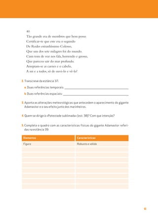 61
40
Tão grande era de membros que bem posso
Certificar-te que este era o segundo
De Rodes estranhíssimo Colosso,
Que um dos sete milagres foi do mundo.
Cum tom de voz nos fala, horrendo e grosso,
Que pareceu sair do mar profundo.
Arrepiam-se as carnes e o cabelo,
A mi e a todos, só de ouvi-lo e vê-lo!
2. Transcreve da estância 37:
a. Duas referências temporais: _________________________________________________________________________________
b. Duas referências espaciais: ___________________________________________________________________________________
3. Aponta as alterações meteorológicas que antecedem o aparecimento do gigante
Adamastor e o seu efeito junto dos marinheiros.
4. Quem se dirige à «Potestade sublimada» (est. 38)? Com que intenção?
5. Completa o quadro com as características físicas do gigante Adamastor referi-
das na estância 39:
Elementos Características
Figura Robusta e válida
 