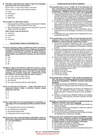 9) Assinale a alternativa que indica a figura de linguagem
que predomina nos versos abaixo.
Entre o bem e o mal a linha é tênue, meu bem
Entre o amor e o ódio a linha é tênue também
a) Ironia
b) Eufemismo
c) Antítese
d) Metonímia
10) Considere as afirmações abaixo.
I. A licença poética permite que alguns versos sejam iniciados
por próclise, o que contraria a norma culta.
II. Há uniformidade no tratamento do interlocutor a quem se
dirige o eu-lírico da música.
Está correto o que se afirma em
a) somente I
b) somente II
c) I e II
d) nenhuma
RACIOCÍNIO LÓGICO E MATEMÁTICO
11) Numa pesquisa, sobre a preferência entre 2 produtos,
foram, entrevistadas 320 pessoas e chegou-se ao seguinte
resultado: 210 preferiram o produto A, 190 preferiram o
produto B e 45 nenhum dos dois. Portanto o total de
entrevistados que preferiram somente um dos produtos
foi de:
a) 150
b) 125
c) 35
d) 85
12) Marcos estava sem dinheiro, então foi ao banco e sacou
certa quantia para pagar uma dívida cujo valor corresponde
a 30% da quantia que sacou. Com 40% do que restou
comprou um produto numa loja, restando-lhe ainda
R$ 1.050,00. A quantia que Marcos sacou é igual a:
a) Um valor maior que R$ 2.700,00
b) Um valor menor que R$ 2.400,00
c) R$ 2.600,00
d) Um valor entre R$ 2.400,00 e R$ 2.600,00
13) Se os números 2,4,4,6,5,4,4,..., estão ordenados numa
sequencia lógica, então o próximo número dessa
sequencia deve ser:
a) 3
b) 4
c) 5
d) 6
14) Se o valor lógico de uma proposição p é verdadeira e o
valor lógico de uma proposição q é falsa, podemos afirmar
que:
a) A conjunção entre as duas é verdadeira.
b) p condicional q é verdadeira.
c) p bicondicional q é falsa.
d) A disjunção entre as duas é falsa.
15) De acordo com o raciocínio lógico matemático, pode- se
afirmar que a disjunção entre duas proposições compostas
(p v q) é equivalente a:
a) ~p v ~q
b) ~p v q
c) p ^ ~q
d) ~p ^ ~q
2

LEGISLAÇÃO APLICADA À EBSERH

16) Considerando a Lei nº 12.550, de 15 de dezembro de
2011, que autoriza o Poder Executivo a criar a empresa
pública denominada Empresa Brasileira de Serviços
Hospitalares – EBSERH, assinale a alternativa incorreta:
a) Os servidores titulares de cargo efetivo em exercício na
instituição federal de ensino ou instituição congênere que
exerçam atividades relacionadas ao objeto da EBSERH
não poderão ser a ela cedidos para a realização de atividades
de assistência à saúde e atividades administrativas.
b) É assegurado à EBSERH o ressarcimento das despesas
com o atendimento de consumidores e respectivos
dependentes de planos privados de assistência à saúde,
observados os valores de referência estabelecidos pela
Agência Nacional de Saúde Suplementar.
c) A EBSERH é autorizada a criar subsidiárias para o
desenvolvimento de atividades inerentes ao seu objeto
social.
d) A EBSERH terá seu capital social integralmente sob a
propriedade da União.

17) Considerando a Lei nº 12.550, de 15 de dezembro de 2011,
analise os itens abaixo acerca das competências da
EBSERH e a seguir assinale a alternativa correta:
I. Administrar unidades hospitalares, bem como prestar
serviços de assistência médico-hospitalar, ambulatorial e
de apoio diagnóstico e terapêutico à comunidade, no âmbito
do SUS.
II. Prestar às instituições federais de ensino superior e a outras
instituições congêneres serviços de apoio ao ensino, à
pesquisa e à extensão, ao ensino-aprendizagem e à
formação de pessoas no campo da saúde pública, mediante
as condições que forem fixadas em seu estatuto social.
III. Apoiar a execução de planos de ensino e pesquisa de
instituições federais de ensino superior e de outras
instituições congêneres, cuja vinculação com o campo da
saúde pública ou com outros aspectos da sua atividade
torne necessária essa cooperação, em especial na
implementação das residências médicas, multiprofissional
e em área profissional da saúde, nas especialidades e
regiões estratégicas para o SUS.
a) Apenas III é correto.
b) Apenas I e III são corretos
c) Apenas II é correto.
d) I, II e III são corretos.
18) Considerando o Decreto nº 7.661, de 28 de dezembro de
2011, que aprovou o Estatuto Social da Empresa Brasileira
de Serviços Hospitalares –EBSERH, assinale a alternativa
incorreta:
a) O prazo de duração da EBSERH é indeterminado.
b) A EBSERH fica sujeita à supervisão do Ministro de Estado
da Saúde.
c) As atividades de prestação de serviços de assistência à
saúde da EBSERH estarão inseridas integral e
exclusivamente no âmbito do Sistema Único de Saúde –
SUS
d) Acordos e convênios que a EBSERH realizar com entidades
nacionais e internacionais constituem também recursos
da empresa.

19) Sobre a composição do Conselho de Administração da
EBSERH, assinale a alternativa incorreta:
a) Dois de seus membros serão indicados pelo Ministro de
Estado da Saúde.
b) Um representante dos empregados e respectivo suplente
farão parte do Conselho.
c) Será presidido pelo Presidente da Empresa.
d) Um de seus membros será indicado pelo Ministro de Estado
do Planejamento, Orçamento e Gestão.

20) De acordo com o Regimento Interno da EBSERH, propor
linhas de ação, programas, projetos, formas de atuação
e outras medidas, orientando para que a EBSERH atinja
os objetivos para os quais foi criada, é atribuição:
a) Do Conselho Consultivo da EBSERH.
b) Do Conselho de Administração da EBSERH.
c) Da Diretoria Executiva da EBSERH.
d) Do Ministério da Saúde, através do Conselho Nacional de
Saúde.

IBFC_201 - TÉCNICO EM ENFERMAGEM

www.pciconcursos.com.br

 