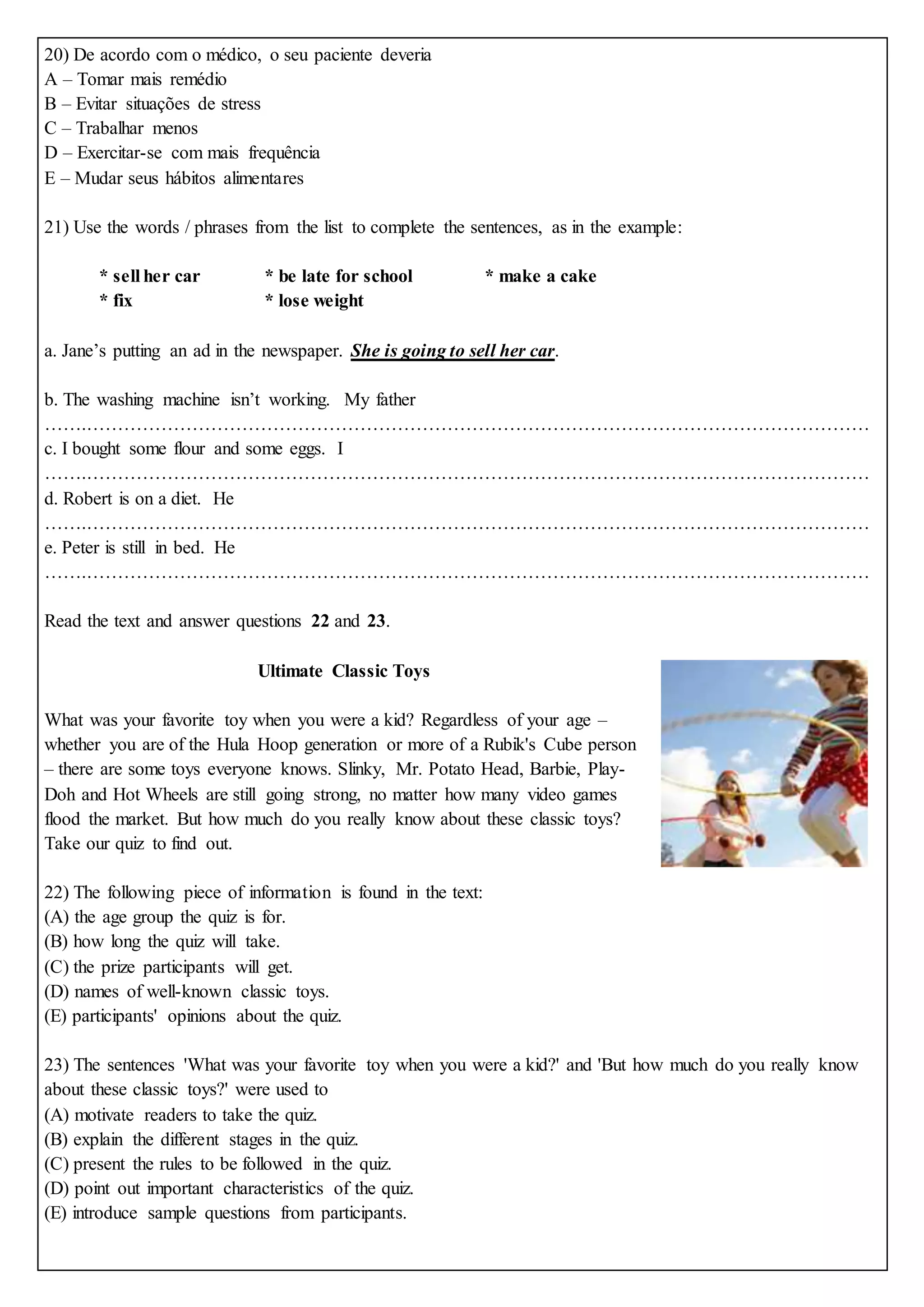 Prova ingles 1 ano | DOCX