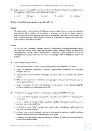INSTITUTO FEDERAL DE EDUCAÇÃO, CIÊNCIA E TECNOLOGIA DA PARAÍBA | PSCT 2012 | Edital Nº 124/2011


7. A ação presente na expressão “semeando borrões”, extraída do trecho apresentado, de Graciliano
   Ramos, pode ser substituída, sem alteração de significado, por

     a) ornar                  b) jogar                 c) pintar            d) anunciar                 e) multiplicar


Analise os textos I e II para responder às questões 8, 9 e 10.


Texto I
      “D. Maria resolveu esclarecê-las [as dificuldades], mas parou logo, deixou-me andar só no caminho
      desconhecido. Parei também, ela me incitou a continuar. Percebi que os sinais miúdos se
      assemelhavam aos borrões da carta, aventurei-me a designá-los, agrupá-los, numa cantiga lenta
      que a professora corrigia. O exercício prolongou-se e arrisquei-me a perguntar até onde era a
      lição”. (Infância, de Graciliano Ramos).


Texto II
     “Eu não sabia nada. Levava para o colégio um corpo sacudido pelas paixões de homem feito e uma
     alma mais velha do que o meu corpo. Aquele Sérgio, de Raul Pompéia, entrava no internato de
     cabelos grandes e com uma alma de anjo cheirando a virgindade. Eu não: era sabendo de tudo, era
     adiantado nos anos, que ia atravessar as portas do meu colégio”. (Menino de Engenho, de José Lins
     do Rego)


8. Comparando esses textos, tem-se:

     a) No Texto I, prevalecem os verbos conjugados no pretérito, diferentemente do Texto II.
     b) Ambos são narrativos e descritivos, o que exclui a possibilidade de serem classificados como
        memórias literárias.
     c) Ambos tratam do mesmo tema: lembranças da infância de seus narradores no ambiente
        escolar.
     d) O Texto II é mais centrado no narrador-personagem, pela utilização da primeira pessoa, o que
        não se registra no Texto I.
     e) Ambos representam, literariamente, a infância de seus escritores e, por esta razão, não têm
        nenhuma relação com a realidade por eles vivida.


9. Em se tratando da linguagem utilizada nos textos apresentados, é CORRETO afirmar que

     a) ambos apresentam linguagem exclusivamente regionalista, aos moldes dos artistas populares
        do Nordeste.
     b) ambos se utilizam da mesma variedade linguística: o padrão culto, ou seja, a variedade que só
        permite o uso de palavras difíceis.
     c) no Texto II, o verbo “saber”, nas duas ocorrências, embora utilizado com regências distintas,
        apresenta correção gramatical.
     d) existe em cada um dos textos pelo menos uma palavra que faz parte da variedade linguística,
        utilizada apenas no Nordeste, região de origem dos autores.
     e) a utilização de uma linguagem predominantemente coloquial, nos dois textos, é condizente com
        os seus personagens iletrados.


PSCT 2012 | Cursos Técnicos Integrados ao Ensino Médio | Língua Portuguesa
                                                                                                                          3
 
