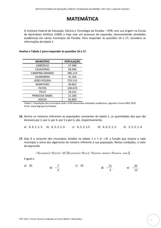 INSTITUTO FEDERAL DE EDUCAÇÃO, CIÊNCIA E TECNOLOGIA DA PARAÍBA | PSCT 2012 | Edital Nº 124/2011



                                                     MATEMÁTICA

     O Instituto Federal de Educação, Ciência e Tecnologia da Paraíba – IFPB, tem sua origem na Escola
     de Aprendizes Artífices (1909) e hoje vive um processo de expansão, desenvolvendo atividades
     acadêmicas em vários municípios da Paraíba. Para responder às questões 16 e 17, considere as
     informações da tabela 1.


Analise a Tabela 1 para responder às questões 16 e 17.


               MUNICÍPIO                           POPULAÇÃO
                CABEDELO                             57.944
               CAJAZEIRAS                            58.446
            CAMPINA GRANDE                           385.213
               GUARABIRA                             55.326
              JOÃO PESSOA                            723.515
               MONTEIRO                              30.852
                 PATOS                               100.674
                  PICUÍ                              18.222
             PRINCESA ISABEL                         21.283
                 SOUSA                               65.803
     Tabela 1: Populações dos municípios onde o IFPB desenvolve atividades acadêmicas, segundo o Censo IBGE 2010.
     Fonte: www.ibge.gov.br/cidades



16. Dentre os números referentes às populações constantes da tabela 1, as quantidades dos que são
    divisíveis por 2, por 3, por 4, por 5 e por 6, são, respectivamente,

     a) 6, 4, 1, 1, 5.        b) 6, 5, 2, 1, 4.             c) 6, 5, 2, 1,5.              d) 6, 4, 2, 1, 5.              e) 5, 5, 2, 1, 4.


17. Seja A o conjunto dos municípios listados na tabela 1 e f : A → IR a função que associa a cada
    município a soma dos algarismos do número referente à sua população. Nestas condições, o valor
    da expressão

                 − f (GUARABIRA ) ÷ f (PATOS ) − 10 ⋅ [f(CAJAZEIRAS ) ÷ f(PICUÍ ) − f (CAMPINA   GRANDE ) ÷ f (PRINCESA ISABEL )
                                                                                                                               ]
     é igual a

     a) 10.                          7                          c) 32.                                  11                             65
                                 b) − .                                                          d) −      .                 e)    −      .
                                     2                                                                   3                             12




PSCT 2012 | Cursos Técnicos Integrados ao Ensino Médio | Matemática
                                                                                                                                              7
 