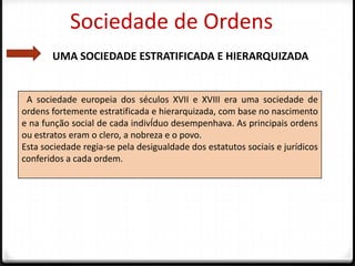 Sociedade de Ordens
       UMA SOCIEDADE ESTRATIFICADA E HIERARQUIZADA


 A sociedade europeia dos séculos XVII e XVIII era uma sociedade de
ordens fortemente estratificada e hierarquizada, com base no nascimento
e na função social de cada indivÍduo desempenhava. As principais ordens
ou estratos eram o clero, a nobreza e o povo.
Esta sociedade regia-se pela desigualdade dos estatutos sociais e jurídicos
conferidos a cada ordem.
 