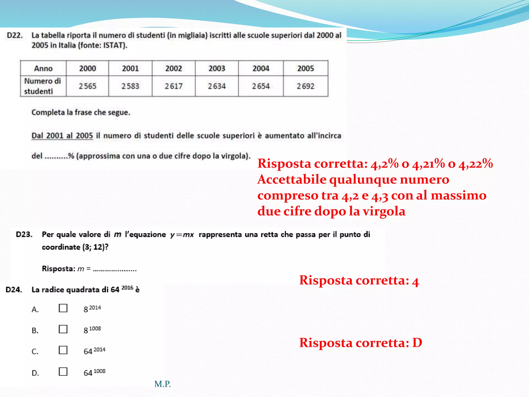 Risposta corretta: 4,2% o 4,21% o 4,22%
Accettabile qualunque numero
compreso tra 4,2 e 4,3 con al massimo
due cifre dopo la virgola
Risposta corretta: 4
Risposta corretta: D
M.P.
 