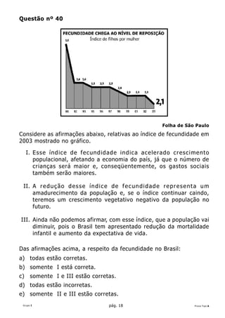 Questão nº 40




                                                                               Folha de São Paulo
Considere as afirmações abaixo, relativas ao índice de fecundidade em
2003 mostrado no gráfico.

     I. E s s e í n d i c e d e f e c u n d i d a d e i n d i c a a c e l e r a d o c r e s c i m e n t o
        populacional, afetando a economia do país, já que o número de
        crianças será maior e, conseqüentemente, os gastos sociais
        também serão maiores.

 II. A r e d u ç ã o d e s s e í n d i c e d e f e c u n d i d a d e r e p r e s e n t a u m
     amadurecimento da população e, se o índice continuar caindo,
     teremos um crescimento vegetativo negativo da população no
     futuro.

III. Ainda não podemos afirmar, com esse índice, que a população vai
     diminuir, pois o Brasil tem apresentado redução da mortalidade
     infantil e aumento da expectativa de vida.

Das afirmações acima, a respeito da fecundidade no Brasil:
a) todas estão corretas.
b) somente I está correta.
c)     somente I e III estão corretas.
d) todas estão incorretas.
e) somente II e III estão corretas.
 Grupo I                                          pág. 18                                        Prova Tipo A
 