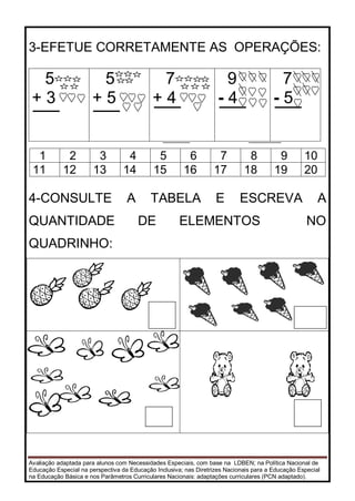 Avaliação adaptada para alunos com Necessidades Especiais, com base na LDBEN; na Política Nacional de
Educação Especial na perspectiva da Educação Inclusiva; nas Diretrizes Nacionais para a Educação Especial
na Educação Básica e nos Parâmetros Curriculares Nacionais: adaptações curriculares (PCN adaptado).
3-EFETUE CORRETAMENTE AS OPERAÇÕES:
5
+ 3
5
+ 5
7
+ 4
9
- 4
7
- 5
1 2 3 4 5 6 7 8 9 10
11 12 13 14 15 16 17 18 19 20
4-CONSULTE A TABELA E ESCREVA A
QUANTIDADE DE ELEMENTOS NO
QUADRINHO:
 