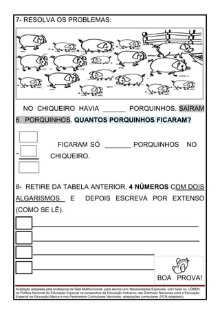 Avaliação adaptada pela professora da Sala Multifuncional, para alunos com Necessidades Especiais, com base na LDBEN;
na Política Nacional de Educação Especial na perspectiva da Educação Inclusiva; nas Diretrizes Nacionais para a Educação
Especial na Educação Básica e nos Parâmetros Curriculares Nacionais: adaptações curriculares (PCN adaptado).
7- RESOLVA OS PROBLEMAS:
NO CHIQUEIRO HAVIA ______ PORQUINHOS. SAÍRAM
6 PORQUINHOS. QUANTOS PORQUINHOS FICARAM?
-
8- RETIRE DA TABELA ANTERIOR, 4 NÚMEROS COM DOIS
ALGARISMOS E DEPOIS ESCREVA POR EXTENSO
(COMO SE LÊ).
FICARAM SÓ _______ PORQUINHOS NO
CHIQUEIRO.
BOA PROVA!
 