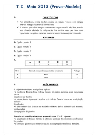 T.I. Maio 2013 (Prova-Modelo)

5.-                               DOIS TÓPICOS

       Nos crocodilos, ocorre mistura parcial de sangue venoso com sangue
        arterial, na região comum à artéria aorta.
       A mistura parcial de sangue venoso com sangue arterial não lhes permite
        uma elevada eficácia de oxigenação dos tecidos nem, por isso, uma
        capacidade energética capaz de manter a temperatura corporal constante.

                                   GRUPO III

1.- Opção correta: A

2.- Opção correta: B

3.- Opção correta: C

4.- Opção correta: B

5.-
                   A         B          C         D          E
                   7         1          5         3          6




6.-                               TRÊS TÓPICOS

A resposta contempla os seguintes tópicos:
• a existência de uma densa rede de fissuras no granito aumenta a sua capacidade
para a
circulação de fluidos;
• a saturação das águas que circulam pela rede de fissuras provoca a precipitação
dos sais
dissolvidos;
• o crescimento dos cristais nas fissuras contribui para o aumento das mesmas,
conduzindo à
desagregação do granito.

Poderão ser considerados como alternativa aos 2.º e 3.º tópicos:
• a circulação de fluidos permite a alteração química dos minerais constituintes
do granito;
• a alteração química dos minerais facilita a desagregação mecânica da rocha.
 