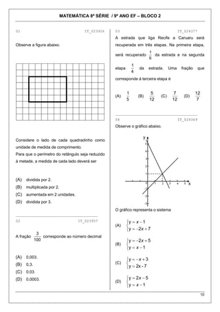 MATEMÁTICA 8ª SÉRIE / 9º ANO EF – BLOCO 2
10
01 IT_023926
Observe a figura abaixo.
Considere o lado de cada quadradinho como
unidade de medida de comprimento.
Para que o perímetro do retângulo seja reduzido
à metade, a medida de cada lado deverá ser
(A) dividida por 2.
(B) multiplicada por 2.
(C) aumentada em 2 unidades.
(D) dividida por 3.
_____________________________________
02 IT_023957
A fração
100
3
corresponde ao número decimal
(A) 0,003.
(B) 0,3.
(C) 0,03.
(D) 0,0003.
03 IT_024377
A estrada que liga Recife a Caruaru será
recuperada em três etapas. Na primeira etapa,
será recuperado
6
1
da estrada e na segunda
etapa
4
1
da estrada. Uma fração que
corresponde à terceira etapa é
(A)
5
1
(B)
12
5
(C)
12
7
(D)
7
12
_____________________________________
04 IT_024369
Observe o gráfico abaixo.
y
x
O gráfico representa o sistema
(A)
72y
1y
x
x
(B)
1y
52y
x
x
(C)
7-2xy
3y x
(D)
1y
52y
x
x
 