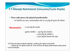 Para cada porca do plantel produzindo:
‐ 20 leitões ao ano, terminados até os 105 kg de peso de abate
Necessário: ‐ 7.000 kg de ração
‐ gasto médio ‐ 240 kg de núcleo, 
‐ 5.260 kg de milho e 
‐ 1.500 kg de farelo de soja. 
-2,8 litros de água potável ingerida / cada kg de ração consumida:
- estima-se um gasto anual de 19,6 mil litros de água potável para cada porca
e sua produção.
7.7 Manejo Nutricional (Consumo/Custo Ração) 
 