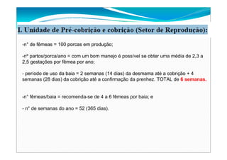 -n° de fêmeas = 100 porcas em produção;
-nº partos/porca/ano = com um bom manejo é possível se obter uma média de 2,3 a
2,5 gestações por fêmea por ano;
- período de uso da baia = 2 semanas (14 dias) da desmama até a cobrição + 4
semanas (28 dias) da cobrição até a confirmação da prenhez. TOTAL de 6 semanas.
-n° fêmeas/baia = recomenda-se de 4 a 6 fêmeas por baia; e
- n° de semanas do ano = 52 (365 dias).
 