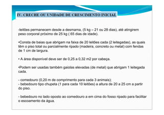 -leitões permanecem desde a desmama, (5 kg – 21 ou 28 dias), até atingirem
peso corporal próximo de 25 kg ( 65 dias de idade).
•Consta de baias que abrigam na faixa de 20 leitões cada (2 leitegadas), as quais
têm o piso total ou parcialmente ripado (madeira, concreto ou metal) com fendas
de 1 cm de largura.
• A área disponível deve ser de 0,25 a 0,32 m2 por cabeça.
•Podem ser usadas também gaiolas elevadas (de metal) que abrigam 1 leitegada
cada.
- comedouro (0,20 m de comprimento para cada 3 animais);
- bebedouro tipo chupeta (1 para cada 10 leitões) a altura de 20 a 25 cm a partir
do piso.
- bebedouro no lado oposto ao comedouro a em cima do fosso ripado para facilitar
o escoamento da água.
 