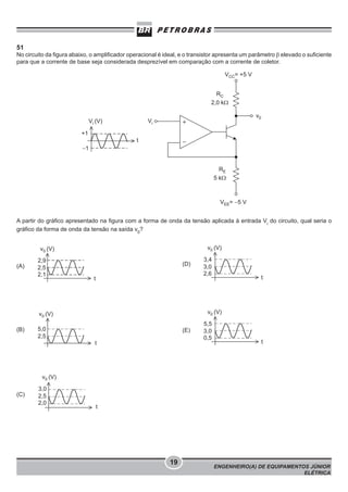 51

No circuito da figura abaixo, o amplificador operacional é ideal, e o transistor apresenta um parâmetro β elevado o suficiente
para que a corrente de base seja considerada desprezível em comparação com a corrente de coletor.

A partir do gráfico apresentado na figura com a forma de onda da tensão aplicada à entrada Vi do circuito, qual seria o
gráfico da forma de onda da tensão na saída v0?
v0 (V)

v0 (V)

(A)

2,9
2,5
2,1

(D)
t

t

v0 (V)

v0 (V)

(B)

3,4
3,0
2,6

5,0
2,5

(E)
t

5,5
3,0
0,5

t

v0 (V)

(C)

3,0
2,5
2,0

t

19

ENGENHEIRO(A) DE EQUIPAMENTOS JÚNIOR
ELÉTRICA

 