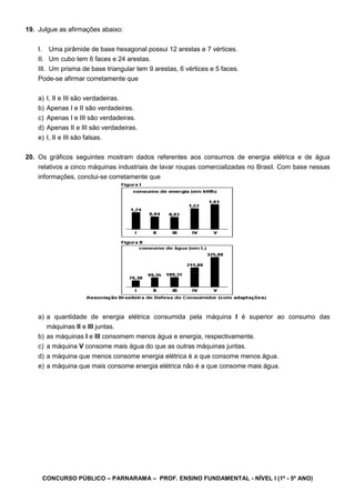 CONCURSO PÚBLICO – PARNARAMA – PROF. ENSINO FUNDAMENTAL - NÍVEL I (1º - 5º ANO)
19. Julgue as afirmações abaixo:
I. Uma pirâmide de base hexagonal possui 12 arestas e 7 vértices.
II. Um cubo tem 6 faces e 24 arestas.
III. Um prisma de base triangular tem 9 arestas, 6 vértices e 5 faces.
Pode-se afirmar corretamente que
a) I, II e III são verdadeiras.
b) Apenas I e II são verdadeiras.
c) Apenas I e III são verdadeiras.
d) Apenas II e III são verdadeiras.
e) I, II e III são falsas.
20. Os gráficos seguintes mostram dados referentes aos consumos de energia elétrica e de água
relativos a cinco máquinas industriais de lavar roupas comercializadas no Brasil. Com base nessas
informações, conclui-se corretamente que
a) a quantidade de energia elétrica consumida pela máquina I é superior ao consumo das
máquinas II e III juntas.
b) as máquinas I e III consomem menos água e energia, respectivamente.
c) a máquina V consome mais água do que as outras máquinas juntas.
d) a máquina que menos consome energia elétrica é a que consome menos água.
e) a máquina que mais consome energia elétrica não é a que consome mais água.
 