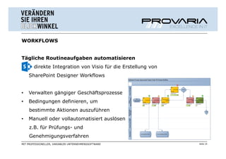 WORKFLOWS


Tägliche Routineaufgaben automatisieren
       direkte Integration von Visio für die Erstellung von
    SharePoint Designer Workflows


•   Verwalten gängiger Geschäftsprozesse
•   Bedingungen definieren, um
    bestimmte Aktionen auszuführen
•   Manuell oder vollautomatisiert auslösen
    z.B. für Prüfungs- und
    Genehmigungsverfahren
MIT PROFESSIONELLER, VARIABLER UNTERNEHMENSSOFTWARE           Seite 14
 
