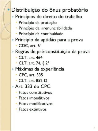 Distribuição do ônus probatório Princípios de direito do trabalho Princípio da proteção Princípio da irrenunciabilidade Princípio da continuidade Principio da aptidão para a prova CDC, art. 6º Regras de pré-constituição da prova CLT, art. 464 CLT, art. 74, § 2º Máximas da experiência CPC, art. 335 CLT, art. 852-D Art. 333 do CPC Fatos constitutivos Fatos impeditivos Fatos modificativos Fatos extintivos 