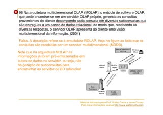 96 Na arquitetura multidimensional OLAP (MOLAP), o módulo de software OLAP,
que pode encontrar-se em um servidor OLAP próp...