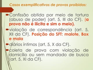 Casos exemplificativos de provas proibidas:
Confissão obtida por meio de tortura
(abuso de poder) (art. 5, III do CF). (a
prova não é ilícita e sim o meio).
violação de correspondência (art. 5,
XII da CF). Posição do SFT: malote, Box
e mala
diários íntimos (art. 5, X da CF).
coleta de prova com violação de
domicílio ou sem mandado de busca
(art. 5, XI da CF).
 