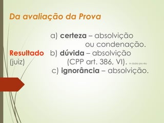 Da avaliação da Prova
a) certeza – absolvição
ou condenação.
Resultado b) dúvida – absolvição
(juiz) (CPP art. 386, VI). In dubio pro réu
c) ignorância – absolvição.
 