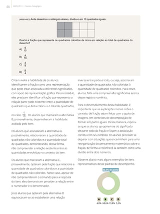 (M050140C2) Anita desenhou o retângulo abaixo, dividiu-o em 10 quadrados iguais.
Qual é a fração que representa os quadrados coloridos de cinza em relação ao total de quadrados do
desenho?
A)
10
6
B)
10
4
C) 6
4
D)
4
6
O item avalia a habilidade de os alunos
identificarem a fração como uma representação
que pode estar associada a diferentes significados,
com apoio de representação gráfica. Para resolvê-lo,
eles precisam identificar a fração que representa a
relação parte-todo existente entre a quantidade de
quadrados que Anita coloriu e o total de quadrados,
no caso,
4
10 . Os alunos que marcaram a alternativa
B, provavelmente, desenvolveram a habilidade
avaliada pelo item.
Os alunos que assinalaram a alternativa A,
possivelmente, relacionaram a quantidade de
quadrados não coloridos e a quantidade total
de quadrados, demonstrando, dessa forma,
não compreender a relação existente entre as
quantidades envolvidas no contexto do item.
Os alunos que marcaram a alternativa C,
provavelmente, optaram pela fração que relaciona a
quantidade de quadrados coloridos e a quantidade
de quadrados não coloridos. Neste caso, apesar de
não compreenderem o comando para a resposta
do item, eles demonstram perceber a relação entre
o numerador e o denominador.
Já os alunos que optaram pela alternativa D
equivocaram-se ao estabelecer uma relação
inversa entre parte e todo, ou seja, associaram
a quantidade de quadrados não coloridos à
quantidade de quadrados coloridos. Para esses
alunos, falta uma compreensão significativa acerca
desse registro numérico.
Para o desenvolvimento dessa habilidade, é
importante que as explicações iniciais sobre o
conceito de fração sejam feitas com o apoio de
imagens, em contextos de decomposição de
formas em partes iguais. Dessa maneira, espera-
se que os alunos apropriem-se do significado
de parte-todo da fração e façam a associação
correta com seu símbolo. Os alunos precisam se
deparar com situações que encaminhem para uma
reorganização do pensamento matemático sobre a
fração, de forma a reconhecê-la também como uma
divisão entre dois números.
Observe abaixo mais alguns exemplos de itens
representativos desse padrão de desempenho.
68A B C D
4,8% 68,6% 19,8% 5,5%
68,6% de acerto
46 SAERJ 2013 | Revista Pedagógica
 