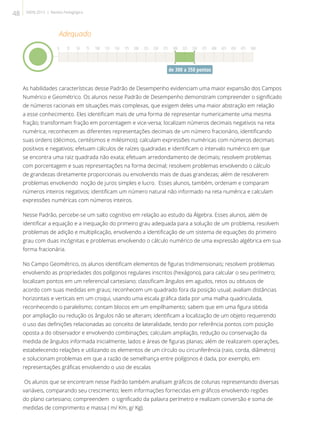As habilidades características desse Padrão de Desempenho evidenciam uma maior expansão dos Campos
Numérico e Geométrico. Os alunos nesse Padrão de Desempenho demonstram compreender o significado
de números racionais em situações mais complexas, que exigem deles uma maior abstração em relação
a esse conhecimento. Eles identificam mais de uma forma de representar numericamente uma mesma
fração; transformam fração em porcentagem e vice-versa; localizam números decimais negativos na reta
numérica; reconhecem as diferentes representações decimais de um número fracionário, identificando
suas ordens (décimos, centésimos e milésimos); calculam expressões numéricas com números decimais
positivos e negativos; efetuam cálculos de raízes quadradas e identificam o intervalo numérico em que
se encontra uma raiz quadrada não exata; efetuam arredondamento de decimais; resolvem problemas
com porcentagem e suas representações na forma decimal; resolvem problemas envolvendo o cálculo
de grandezas diretamente proporcionais ou envolvendo mais de duas grandezas; além de resolverem
problemas envolvendo noção de juros simples e lucro. Esses alunos, também, ordenam e comparam
números inteiros negativos; identificam um número natural não informado na reta numérica e calculam
expressões numéricas com números inteiros.
Nesse Padrão, percebe-se um salto cognitivo em relação ao estudo da Álgebra. Esses alunos, além de
identificar a equação e a inequação do primeiro grau adequada para a solução de um problema, resolvem
problemas de adição e multiplicação, envolvendo a identificação de um sistema de equações do primeiro
grau com duas incógnitas e problemas envolvendo o cálculo numérico de uma expressão algébrica em sua
forma fracionária.
No Campo Geométrico, os alunos identificam elementos de figuras tridimensionais; resolvem problemas
envolvendo as propriedades dos polígonos regulares inscritos (hexágono), para calcular o seu perímetro;
localizam pontos em um referencial cartesiano; classificam ângulos em agudos, retos ou obtusos de
acordo com suas medidas em graus; reconhecem um quadrado fora da posição usual; avaliam distâncias
horizontais e verticais em um croqui, usando uma escala gráfica dada por uma malha quadriculada,
reconhecendo o paralelismo; contam blocos em um empilhamento; sabem que em uma figura obtida
por ampliação ou redução os ângulos não se alteram; identificam a localização de um objeto requerendo
o uso das definições relacionadas ao conceito de lateralidade, tendo por referência pontos com posição
oposta a do observador e envolvendo combinações; calculam ampliação, redução ou conservação da
medida de ângulos informada inicialmente, lados e áreas de figuras planas; além de realizarem operações,
estabelecendo relações e utilizando os elementos de um círculo ou circunferência (raio, corda, diâmetro)
e solucionam problemas em que a razão de semelhança entre polígonos é dada, por exemplo, em
representações gráficas envolvendo o uso de escalas
Os alunos que se encontram nesse Padrão também analisam gráficos de colunas representando diversas
variáveis, comparando seu crescimento; leem informações fornecidas em gráficos envolvendo regiões
do plano cartesiano; compreendem o significado da palavra perímetro e realizam conversão e soma de
medidas de comprimento e massa ( m/ Km, g/ Kg).
Adequado
0 25 50 75 100 125 150 175 200 225 250 275 300 325 350 375 400 425 450 475 500
de 300 a 350 pontos
48 SAERJ 2013 | Revista Pedagógica
 